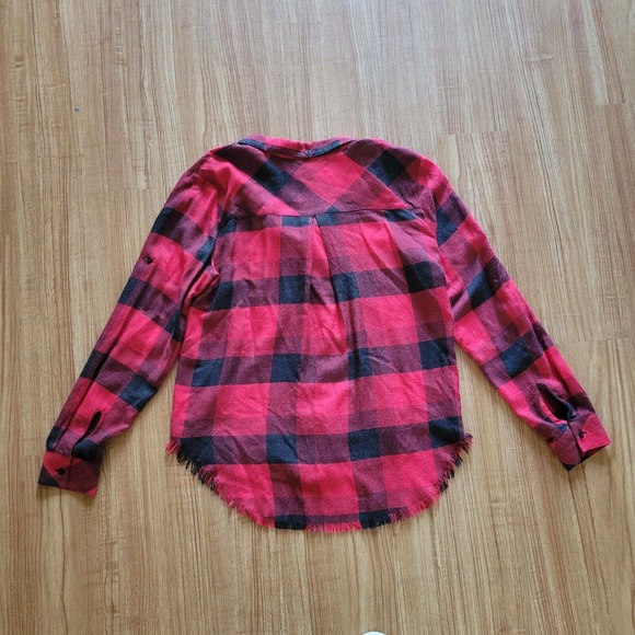 Cloth & Stone Shirt Women Small Red Black Buffalo Check Plaid Raw Hem Flannel - Picture 9 of 10